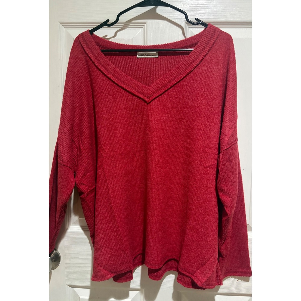 Zenana Outfitters Ribbed Melange Long Sleeve V-Neck Top size 2x in Red